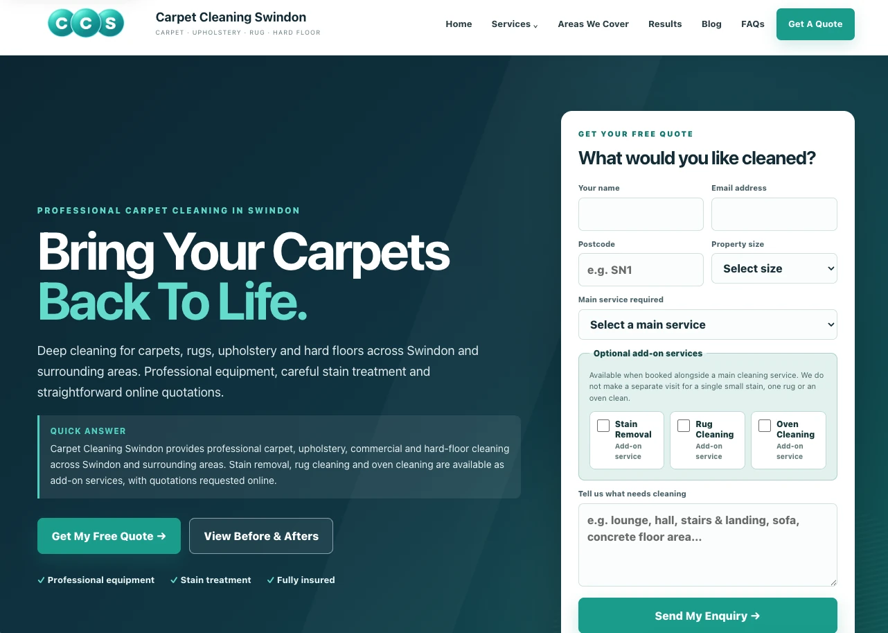 Screenshot of the Carpet Cleaning Swindon website built as the first student project